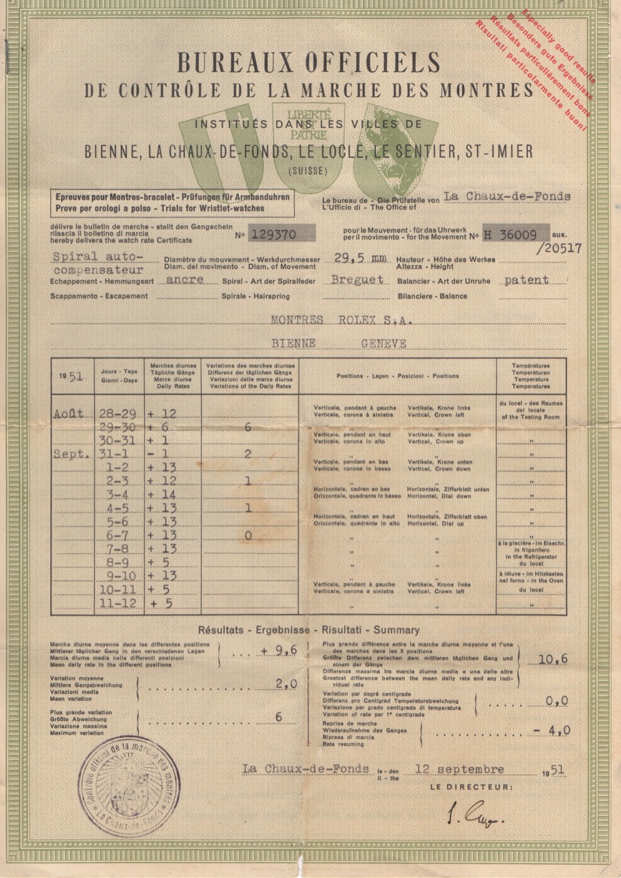 Rolex Certificate Chronometer 1951 1950s -